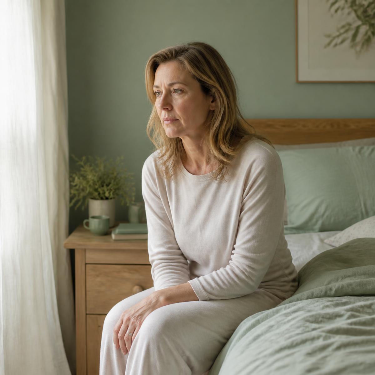A woman sitting on the edge of her bed looking tired and thoughtful
