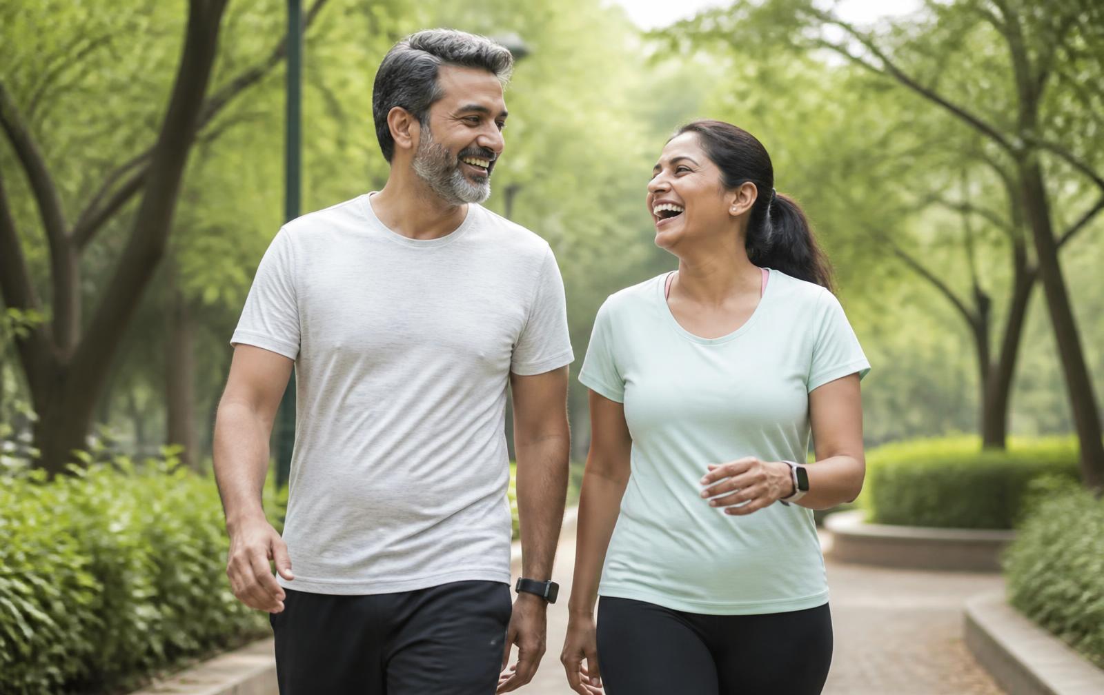 A man and woman in their forties walking and laughing together in a green park